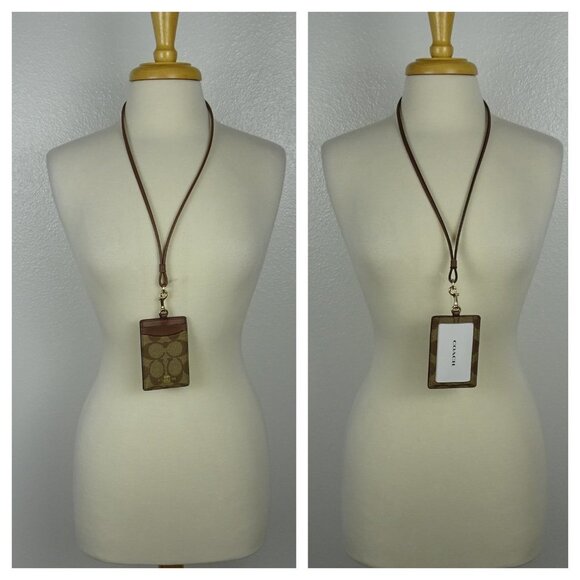 New Coach ID Badge Card Holder Lanyard Signature Canvas Leather Khaki Brown Gold - Picture 2 of 11